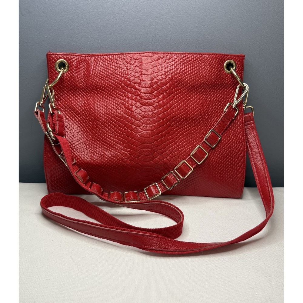 Soltani Leather Crossbody Bag Pebbled Medium Red Snake Embossed Tassel Chain Zip